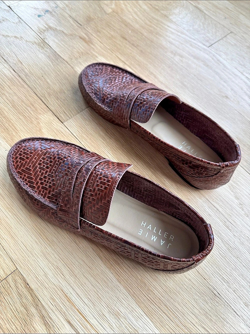 Jamie Haller Woven Leather-Textured Loafers in Brown
